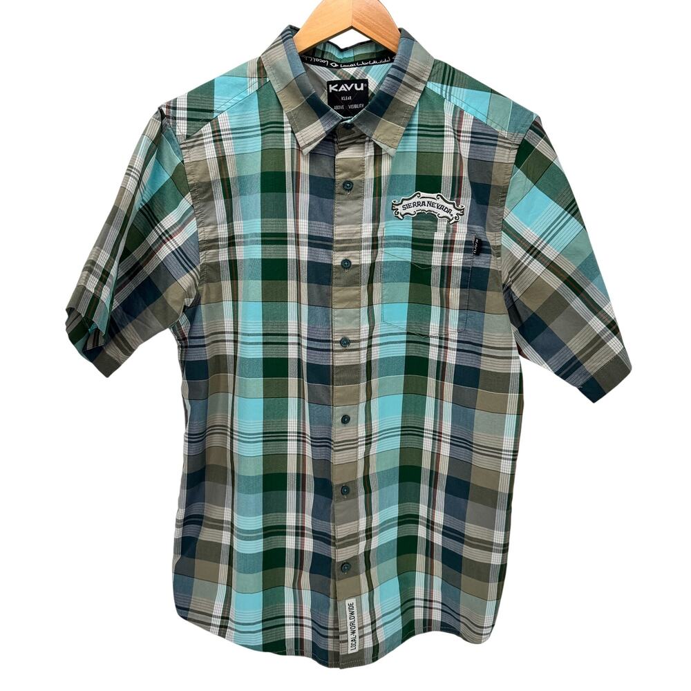 Kavu Shirt Mens Medium Blue Green Plaid Button Up SIERRA NEVADA Short Sleeve
